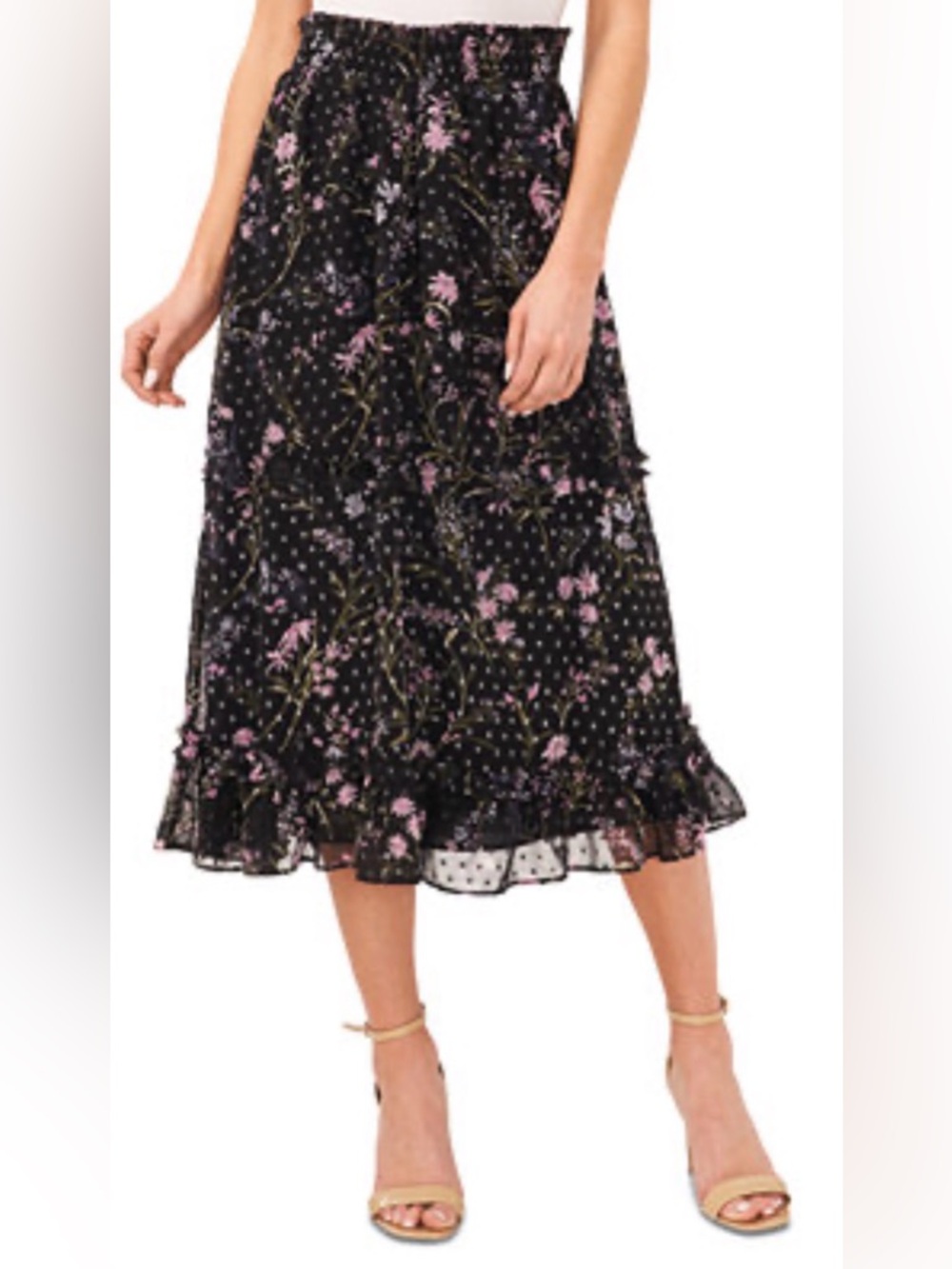 CeCe Black Midi Black Skirt with Pink/Purple/Green Floral Print Women’s Small